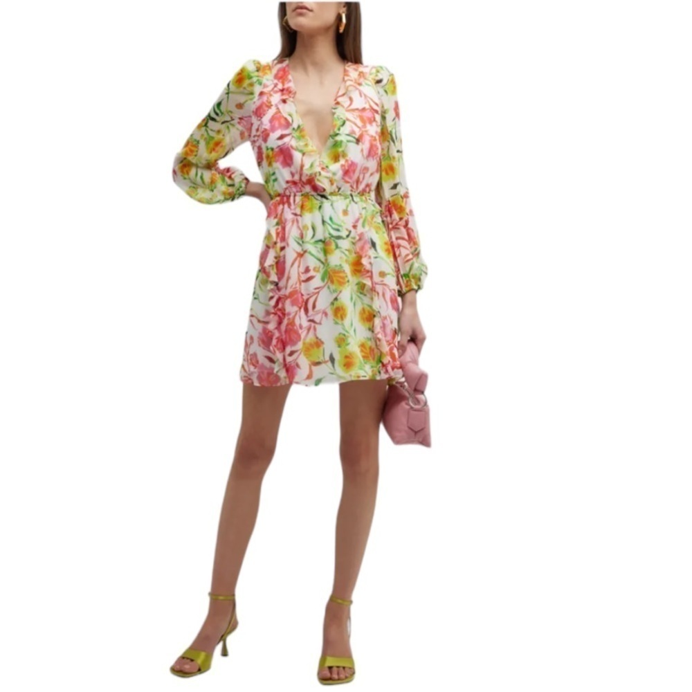NWT Mini Dress Milly Nora Neon Botanical Ruffle Multi Color White Size 8
